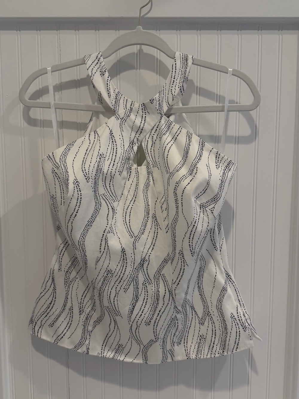 White House Black Market White Halter Tank with Navy Wave Dot Print